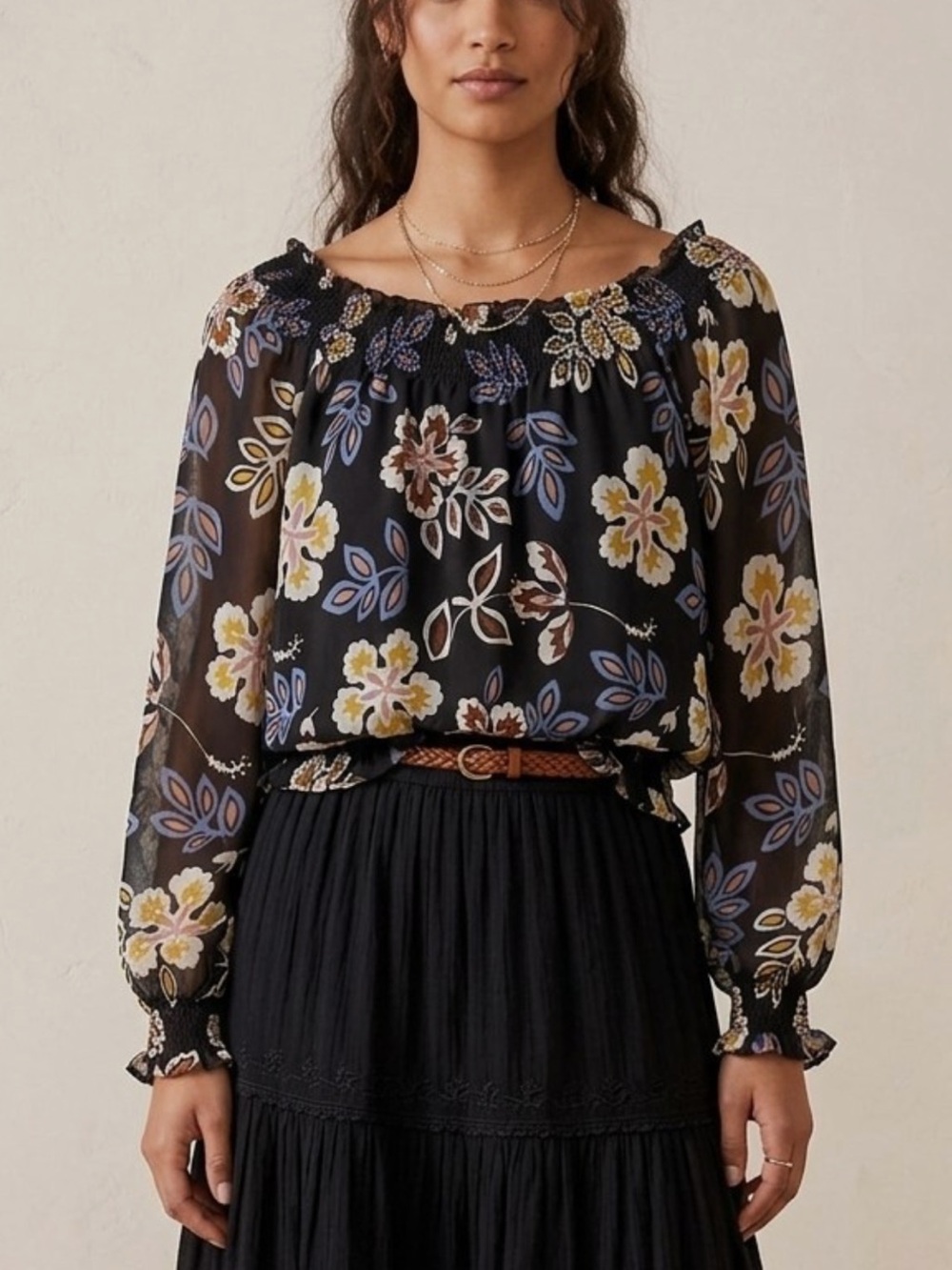 Tory Burch India floral print off the shoulder silk blouse Black Hopewell print